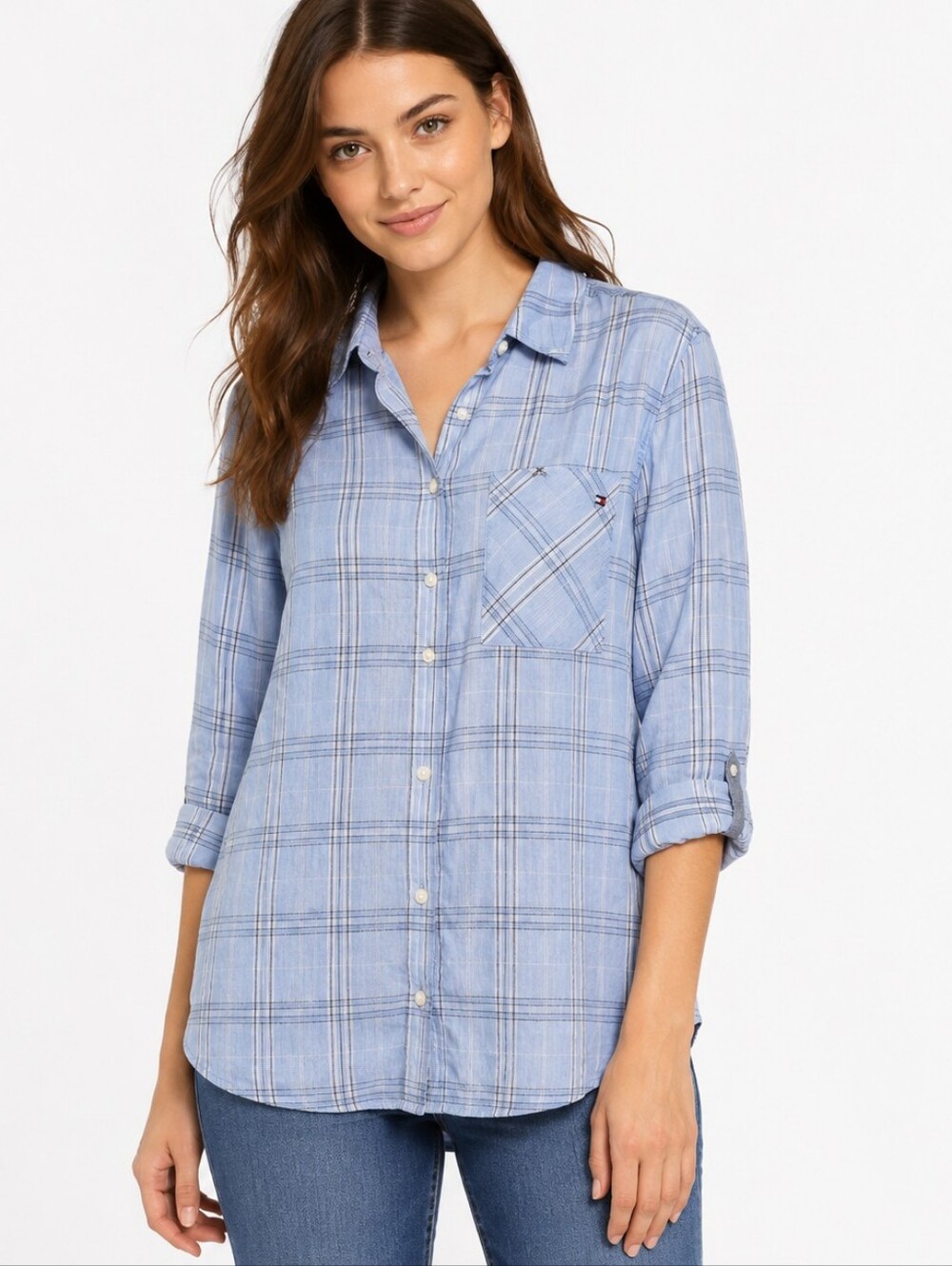 New Tommy Hilfiger Top XL Blue Plaid Button Down Shirt Preppy Coastal Blouse